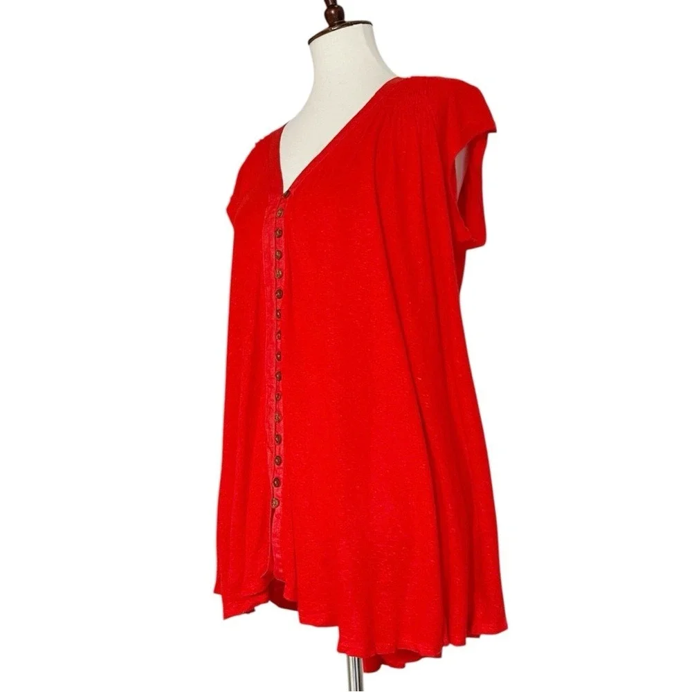 Free‎ People Highland V-Neck Linen Blend T-Shirt in Red Size XS